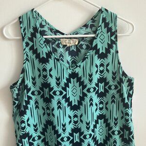 Blue Geometric Sleeveless Blouse in Medium
